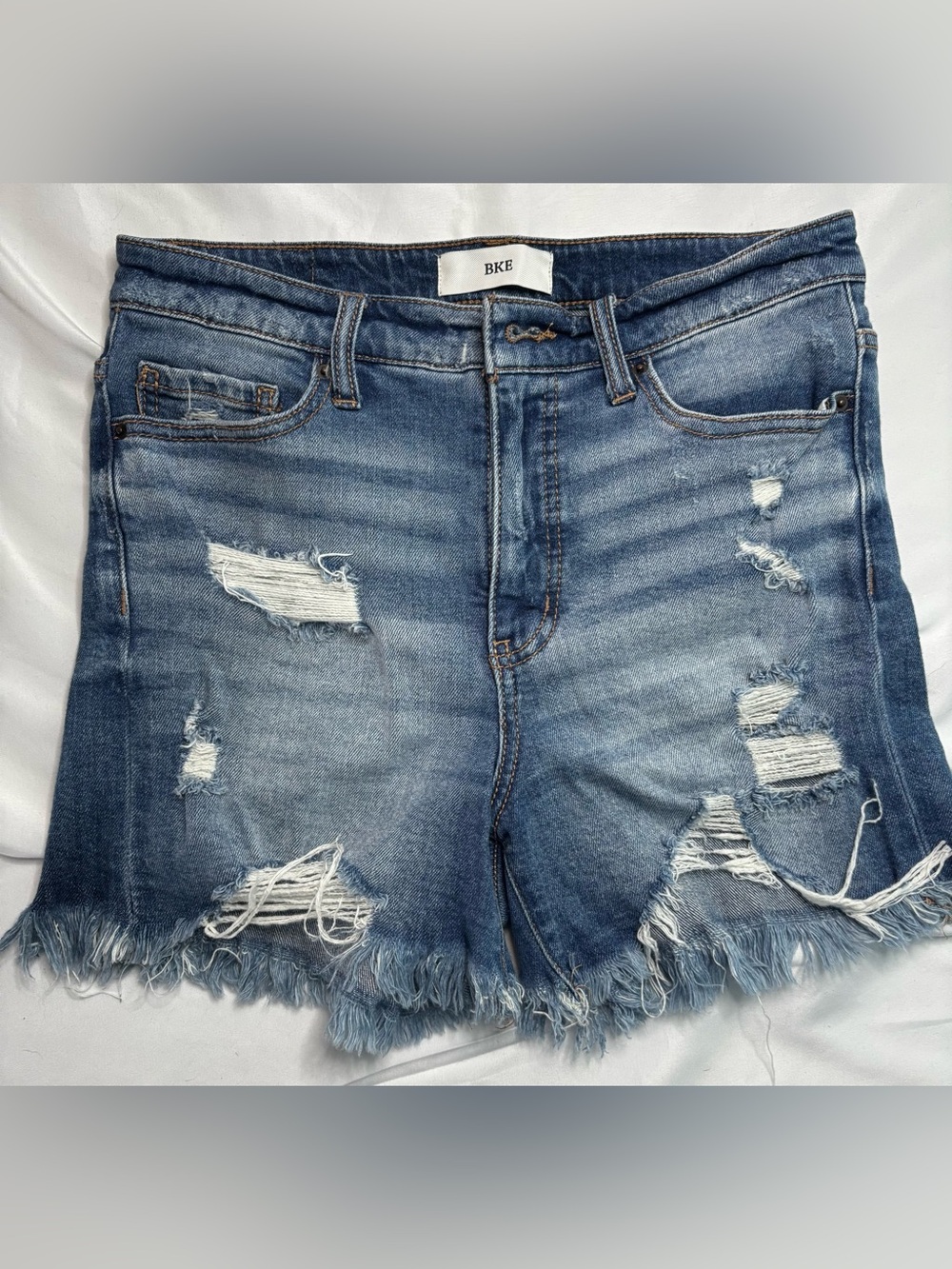 BKE Distressed High-Rise Denim Shorts - Blue